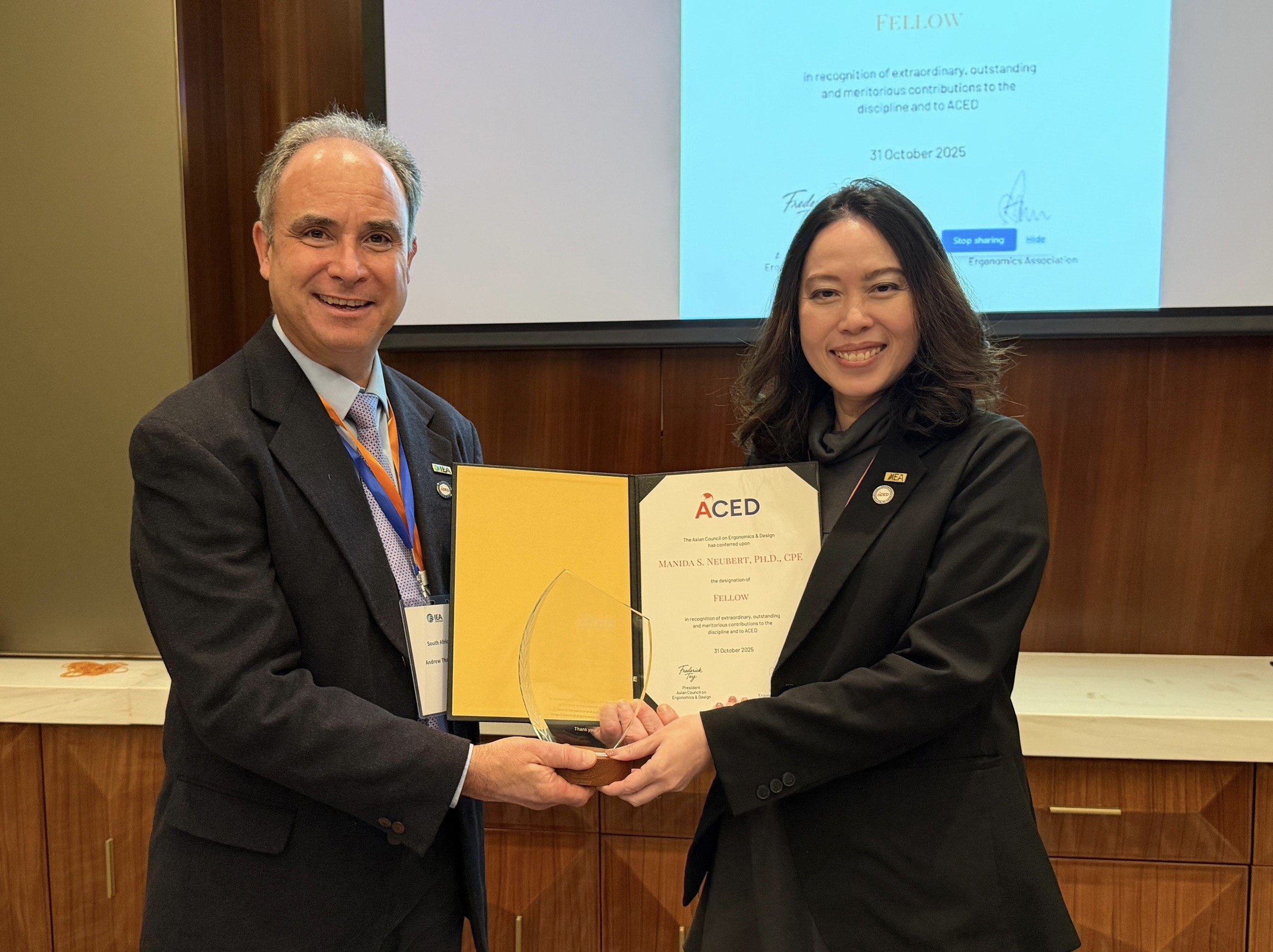 ภาควิชาวิศวกรรมอุตสาหการ ขอร่วมแสดงความยินดีกับ ผศ.ดร.มานิดา สว่างเนตร นอยแบร์ท อาจารย์ประจำภาควิชาฯ ในโอกาสได้รับการคัดเลือกให้เป็น Fellow ของ the Asian Council on Ergonomics and Design (ACED)