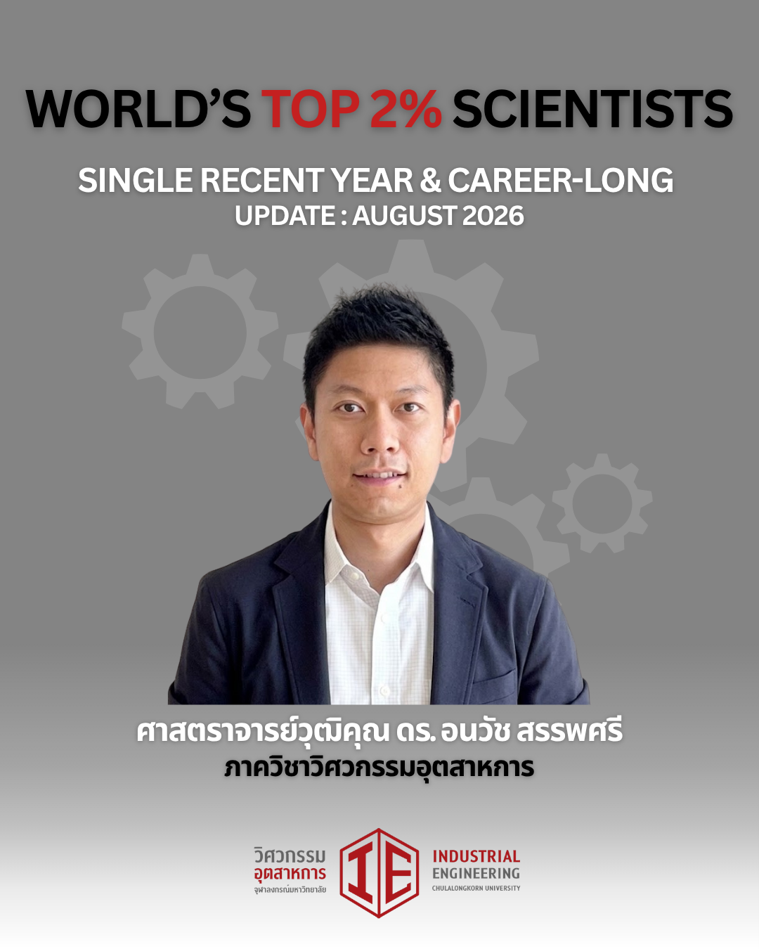 ขอแสดงความยินดีกับศาสตราจารย์วุฒิคุณ ดร.อนวัช สรรพศรี  ที่ได้รับการจัดอันดับ world’s top 2% of scientists, single recent year category & career-long category 👏🏻👏🏻🎉